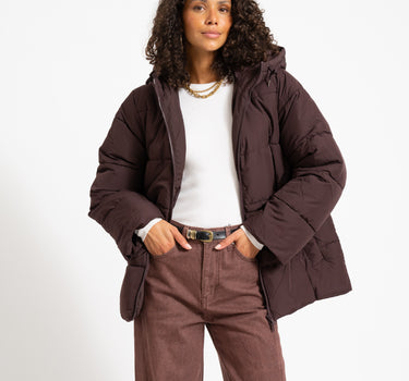 Rosy Waisted Puffer Jacket Chocolate Plum
