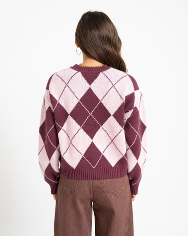 Acy O-Neck Argyle Knit Fig/Romance Rose - Things I Like Things I Love