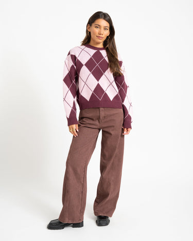 Acy O-Neck Argyle Knit Fig/Romance Rose - Things I Like Things I Love