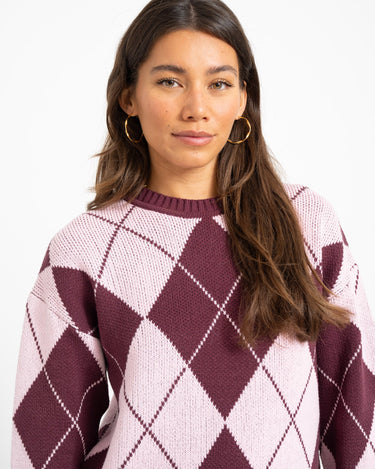 Acy O-Neck Argyle Knit Fig/Romance Rose - Things I Like Things I Love