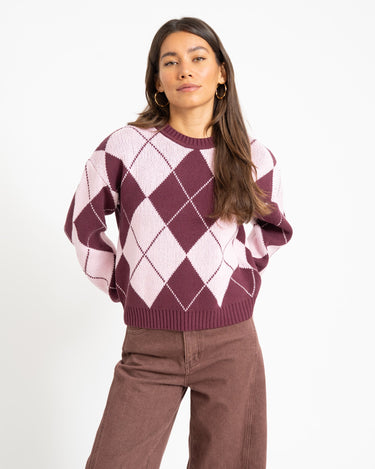 Acy O-Neck Argyle Knit Fig/Romance Rose - Things I Like Things I Love