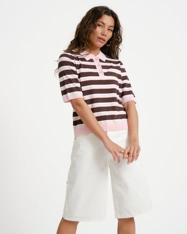Aware Oline Knit Polo Top Pink Brown - Things I Like Things I Love