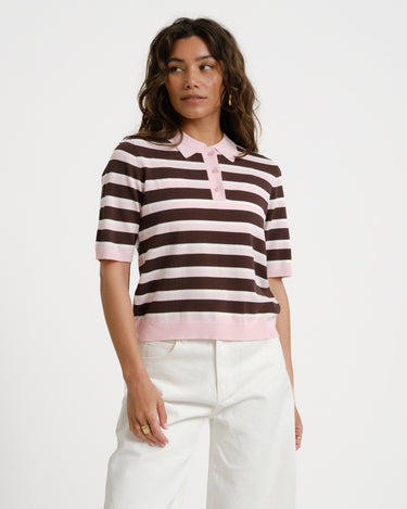 Aware Oline Knit Polo Top Pink Brown - Things I Like Things I Love
