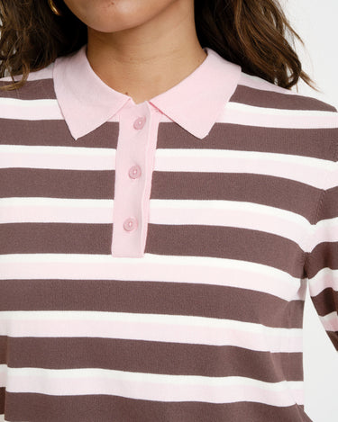 Aware Oline Knit Polo Top Pink Brown - Things I Like Things I Love