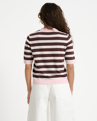 Aware Oline Knit Polo Top Pink Brown - Things I Like Things I Love