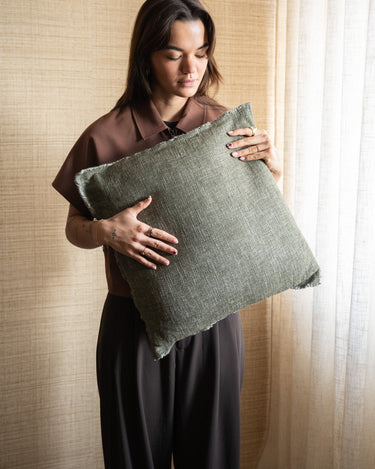 Cushion Frayed Linen Moss Green - Things I Like Things I Love