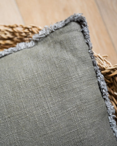 Cushion Isa Fringe Dark Green Linen - Things I Like Things I Love