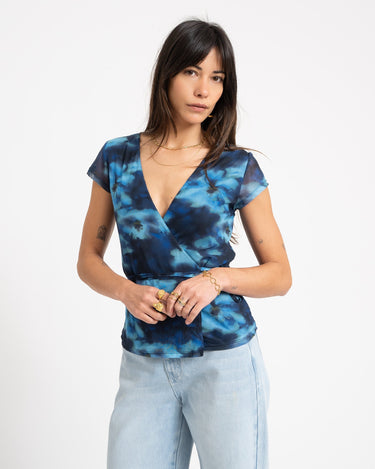 Minna Mesh Wrap Top Blue Blur Flower - Things I Like Things I Love