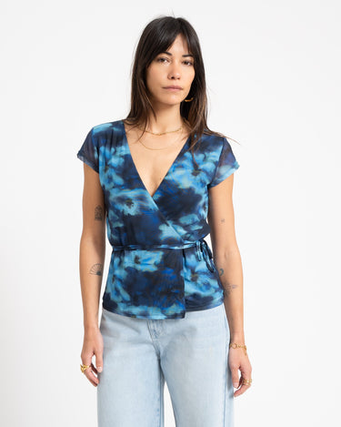Minna Mesh Wrap Top Blue Blur Flower - Things I Like Things I Love
