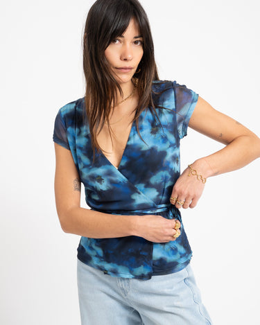 Minna Mesh Wrap Top Blue Blur Flower - Things I Like Things I Love