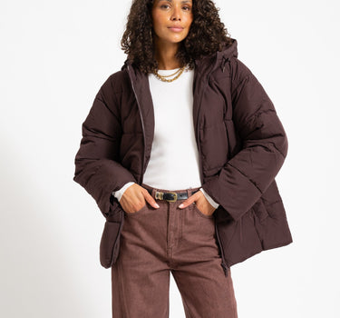 Rosy Waisted Puffer Jacket Chocolate Plum - Things I Like Things I Love