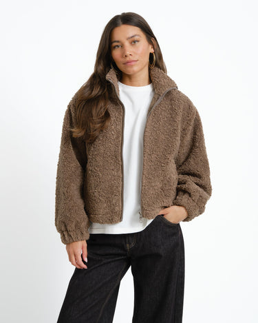 Sarah High Neck Teddy Jacket Morel - Things I Like Things I Love