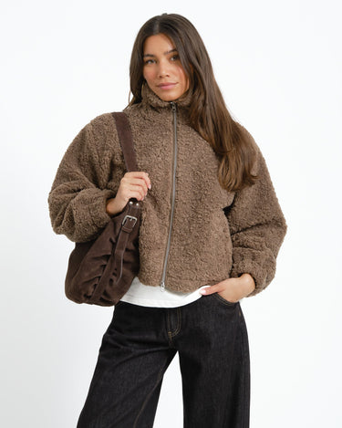 Sarah High Neck Teddy Jacket Morel - Things I Like Things I Love