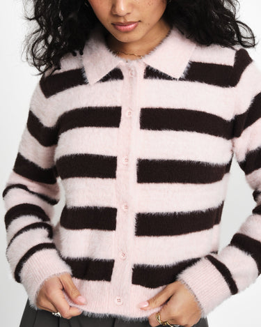 TILTIL Cela Striped Polo Cardigan Pink Brown - Things I Like Things I Love