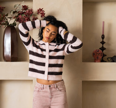 TILTIL Cela Striped Polo Cardigan Pink Brown - Things I Like Things I Love