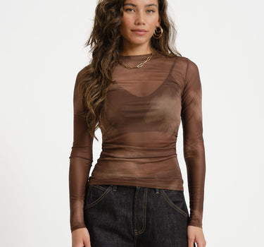 TILTIL Pleated Tara Mesh Longsleeve Brown - Things I Like Things I Love