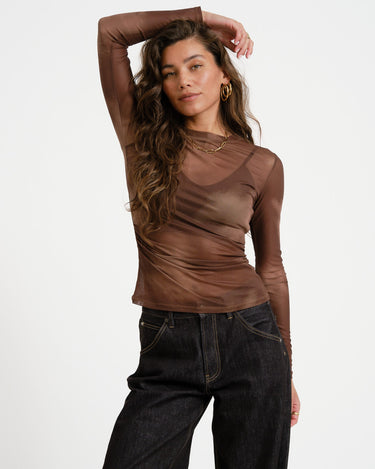 TILTIL Pleated Tara Mesh Longsleeve Brown - Things I Like Things I Love