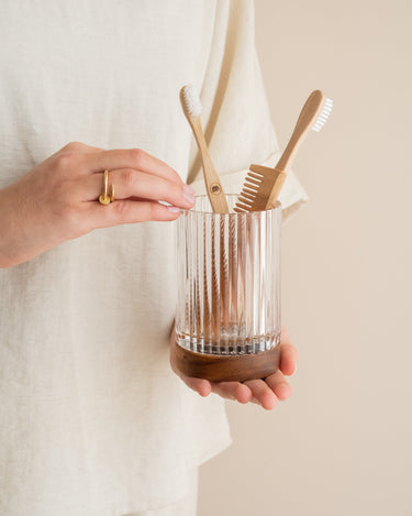 Toothbrush Holder Acacia Wood Glass - Things I Like Things I Love