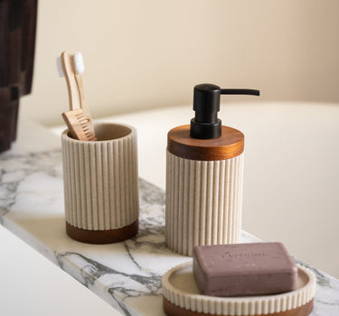 Toothbrush Holder Beige/Acacia Wood - Things I Like Things I Love