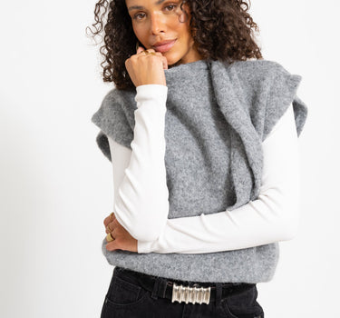 Topshop Cassi Knitted Tie Neck Top Knit Grey - Things I Like Things I Love