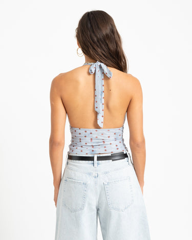 Vera Open Back Polkadot Top Blauw - Things I Like Things I Love