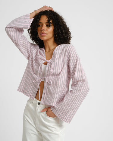 Zoe Seersucker Tie Shirt Pink Lady Brown - Things I Like Things I Love