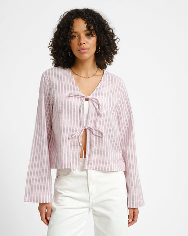 Zoe Seersucker Tie Shirt Pink Lady Brown - Things I Like Things I Love