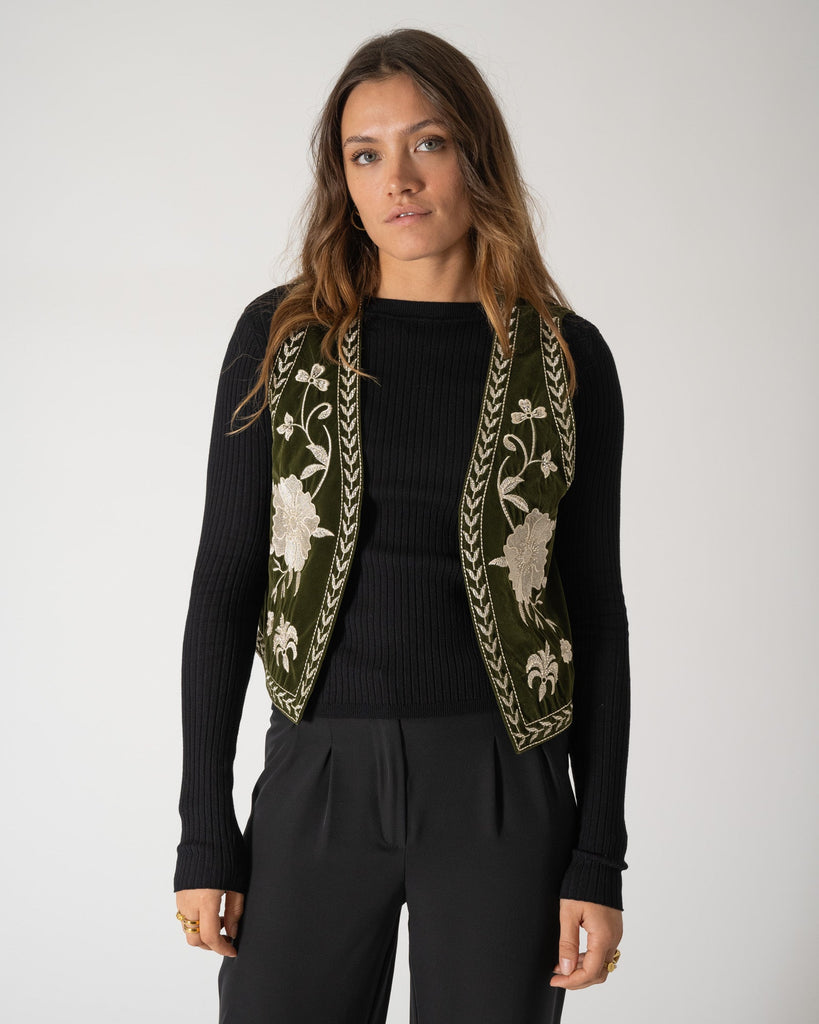 Cleo Gilet Velour Green Flower One Size - Things I Like Things I Love