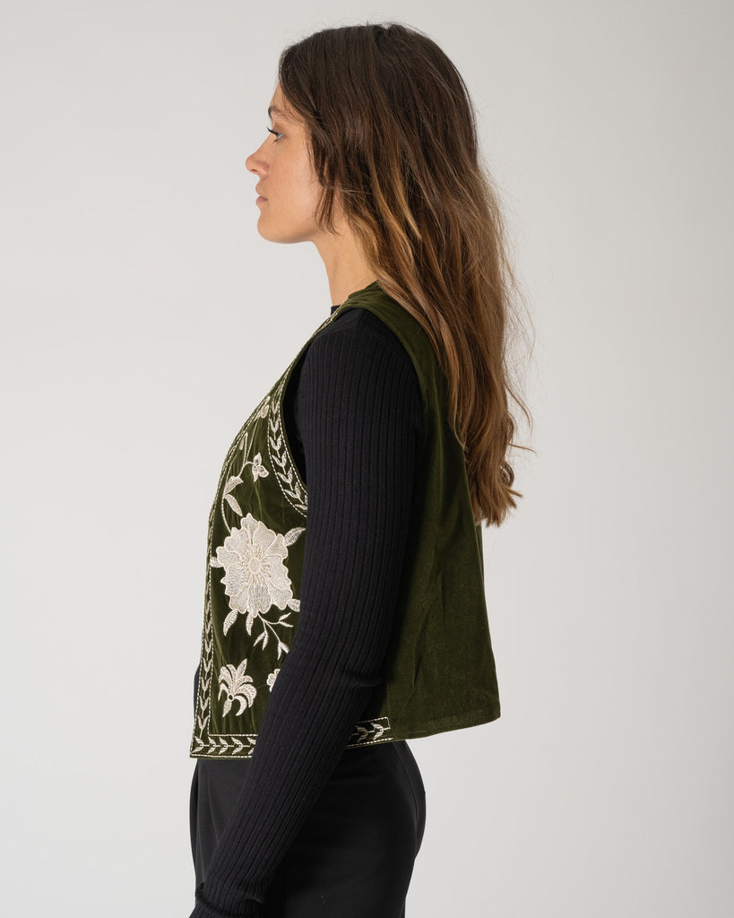 Cleo Gilet Velour Green Flower One Size - Things I Like Things I Love