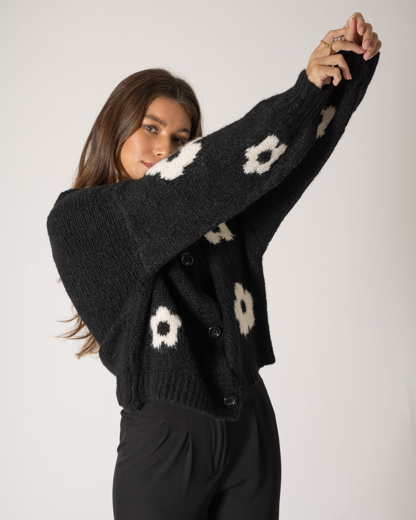 TILTIL Khloe Knit Cardigan Black Flower White One Size - Things I Like Things I Love
