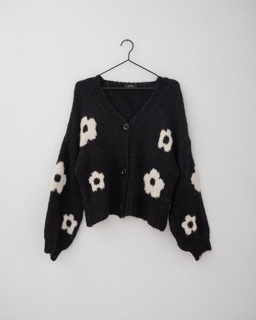 TILTIL Khloe Knit Cardigan Black Flower White One Size - Things I Like Things I Love
